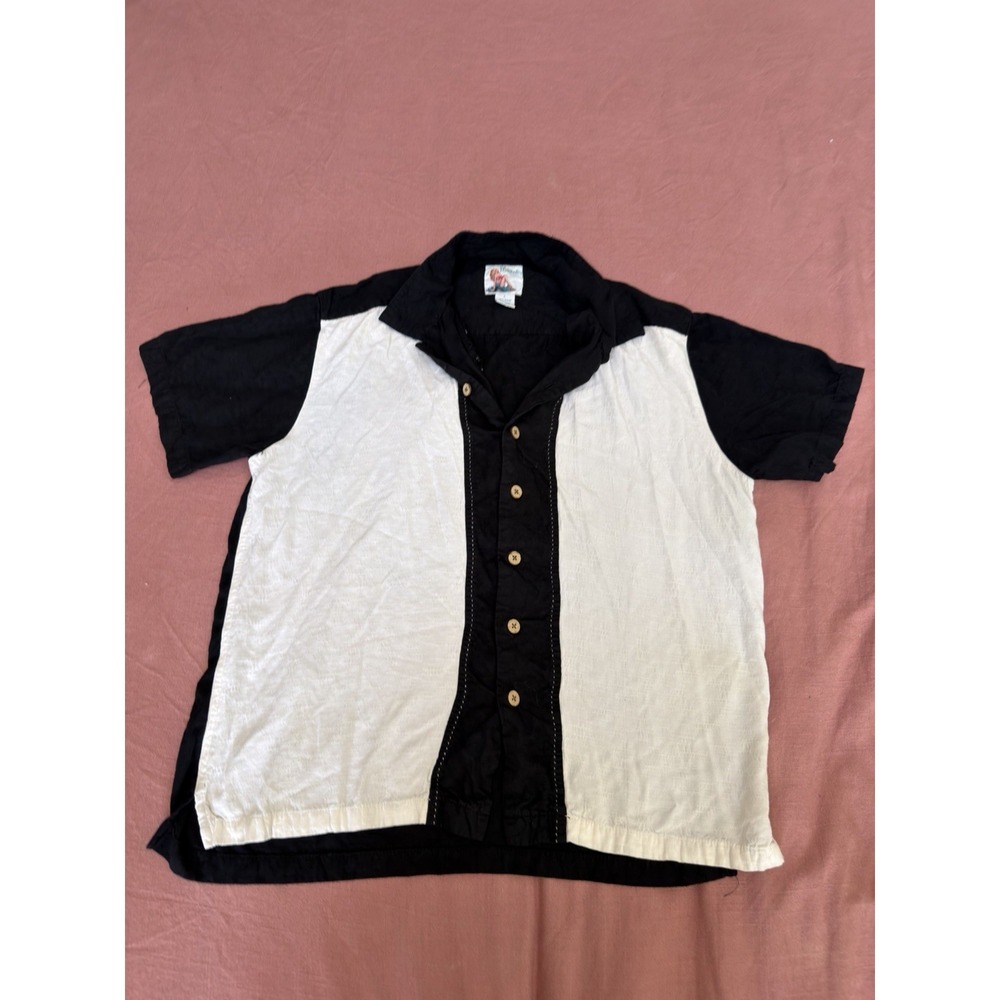 Marina Bay Mens Bowling Shirt Large Black White Rayon Retro Rockabilly Camp 50s